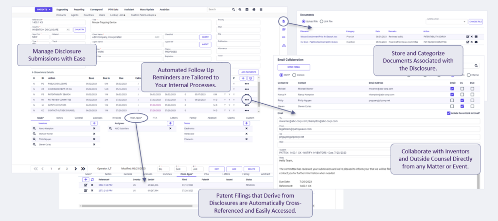 Screenshot of PATTSY WAVE IP portfolio management software