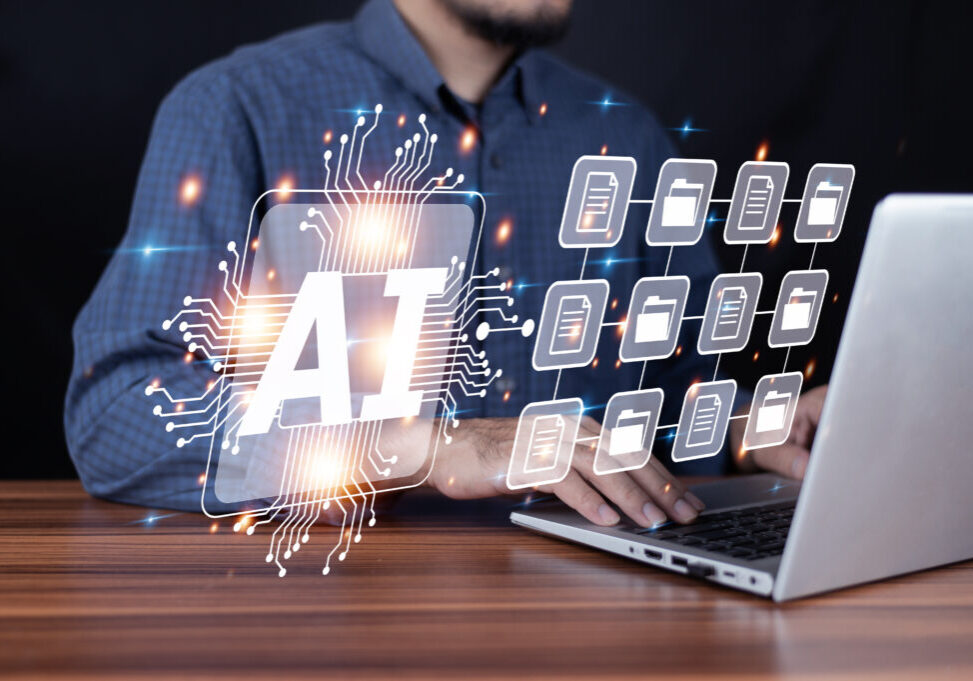 Businessman AI, artificial intelligence in modern medical technology and IOT automation. Doctor using AI document management concept.