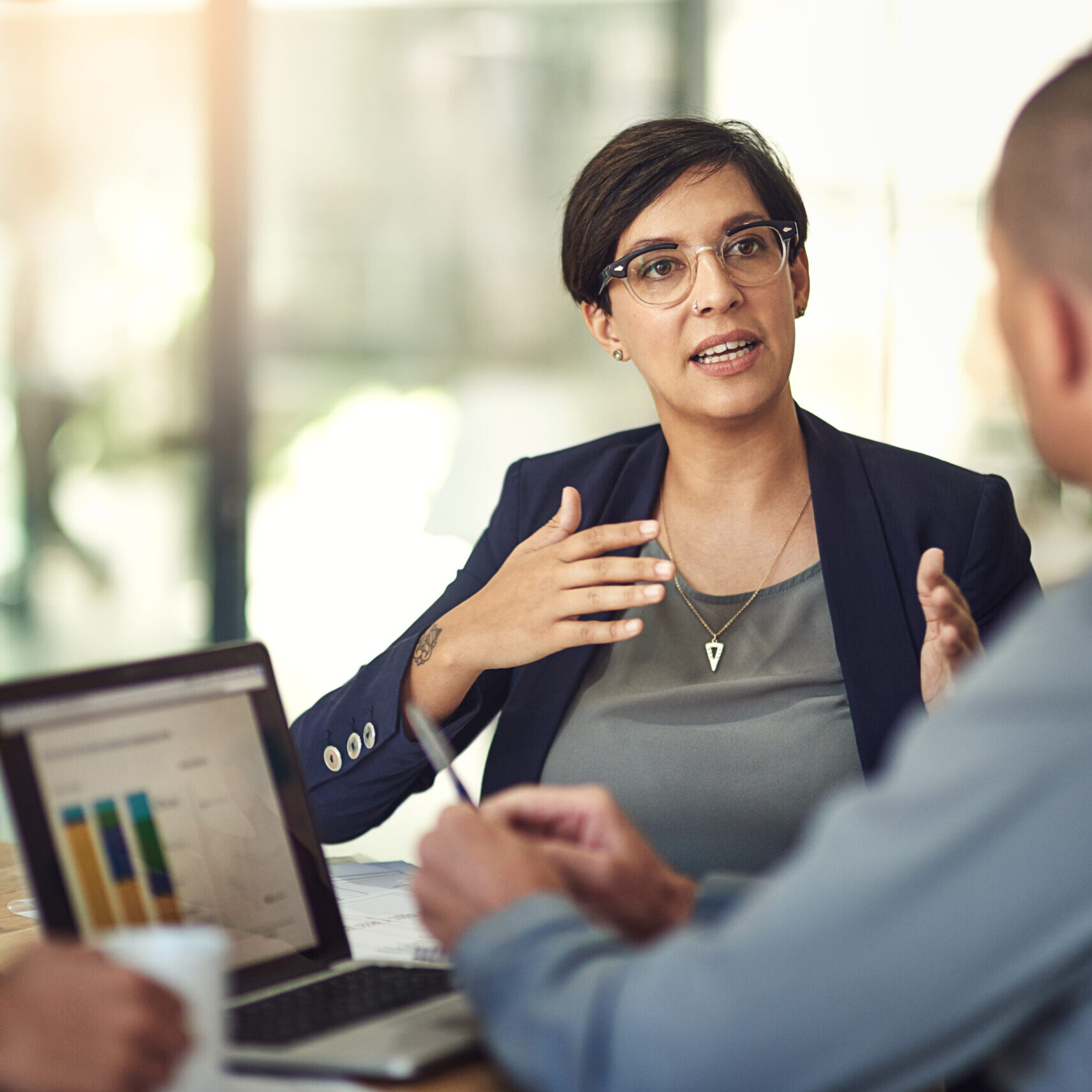 Laptop screen, graphs and business woman for data analysis meeting, financial report or b2b advice for revenue. Increase, accounting stats or finance sales of accountant people or clients on computer.