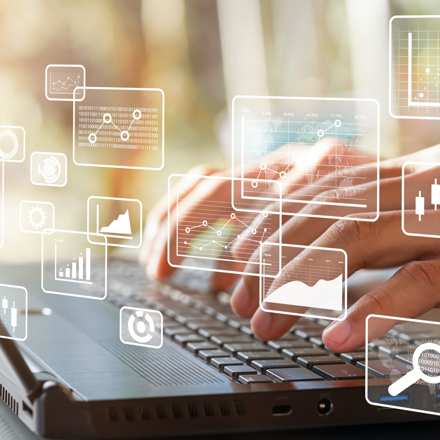 Business intelligence concept. Big data analytics, chart and graph icons and female hands typing on laptop.